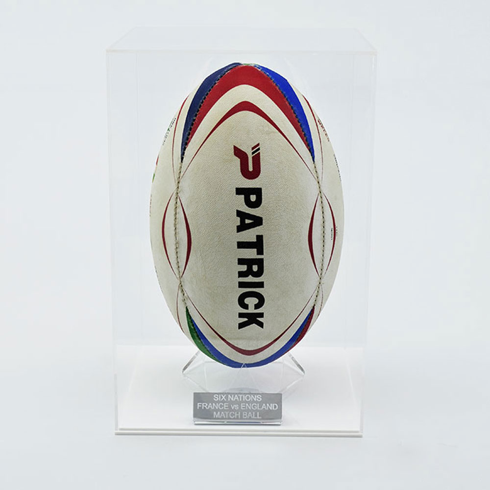 Rugby Ball Display Case with clear base and ball stood up vertically and engraved plaque