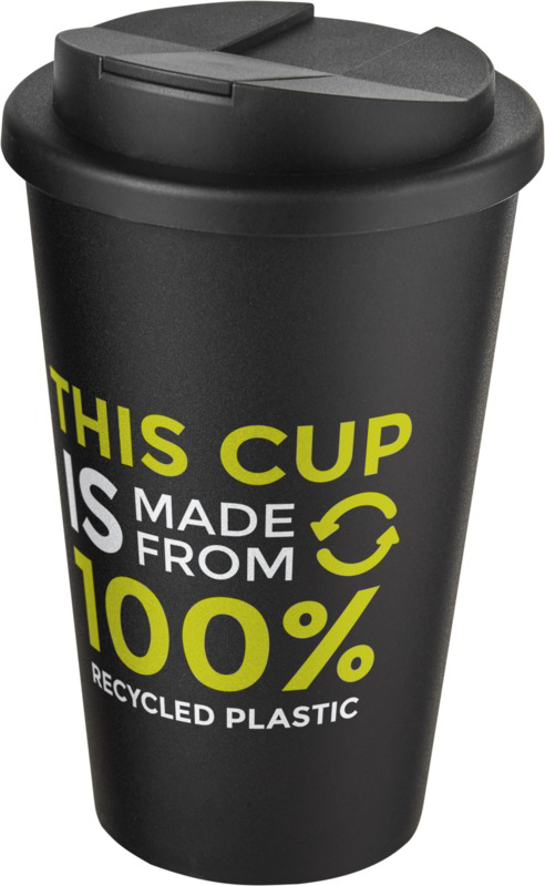 black travel mug with 2 colour branding to front
