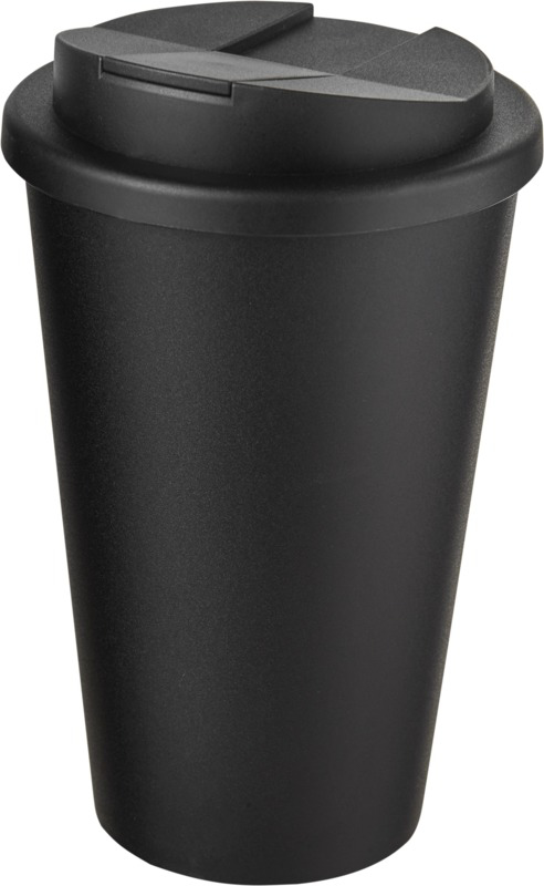 angled view black travel mug standing with no brand