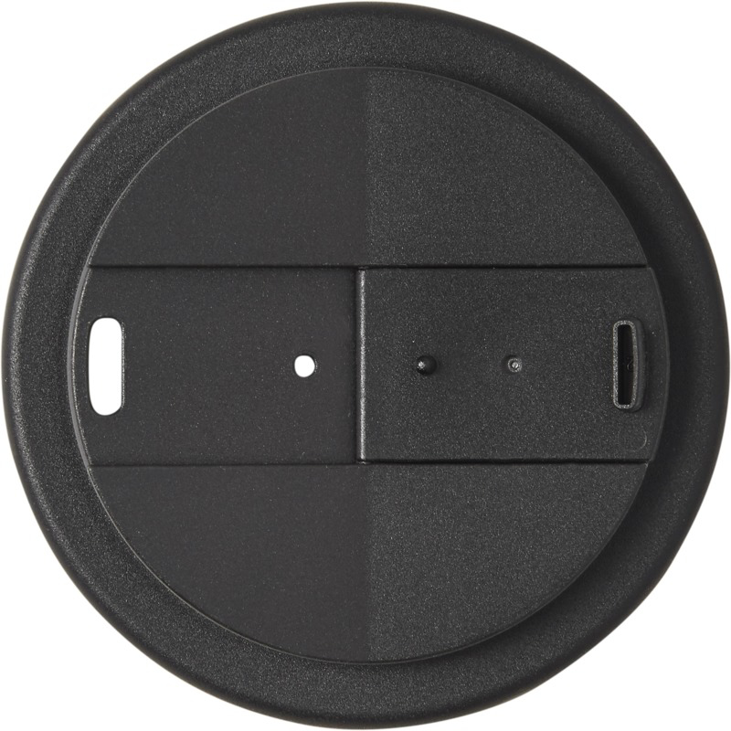 black travel mug lid with anti leak clip showing