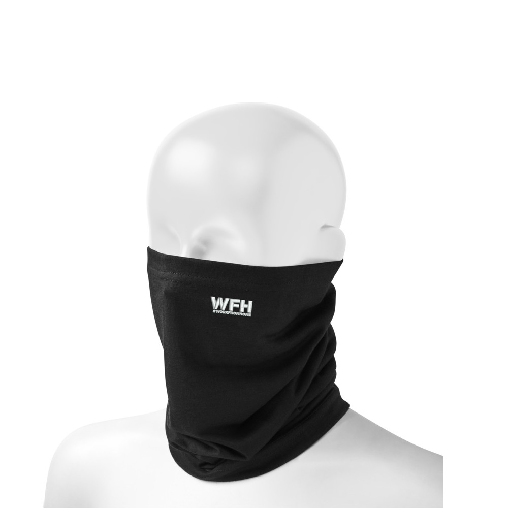 Black snood with logo printed on the top