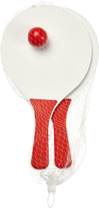 Bounce beach game set in red and white packet in a net