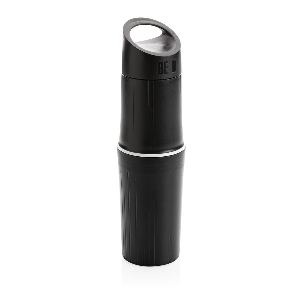 black reusable drinks bottle with central screw on section