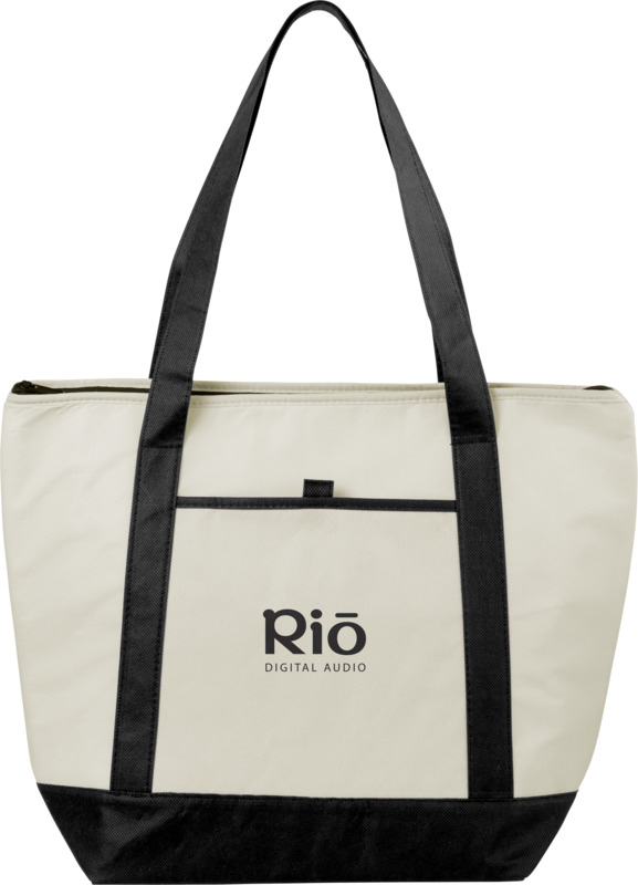 Lighthouse non-woven cooler tote in natural and black with 1 colour print
