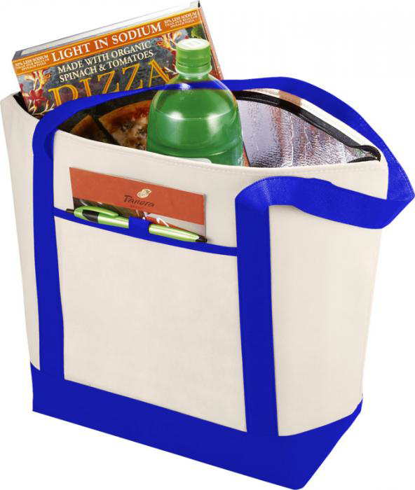 Lighthouse non-woven cooler tote in natural and blue showing bag filled with contents
