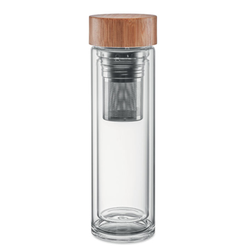 glass drinks bottle with a bamboo lid and built-in tea infuser