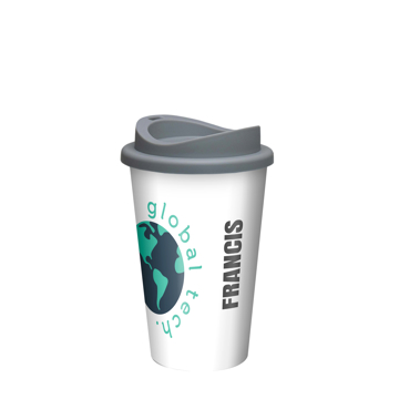 Universal 350ml Tumbler in white with grey lid, 2 colour print and personalisation