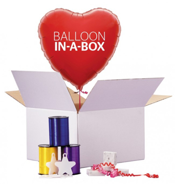 Balloon in a box showing red heart balloon and options that come with it