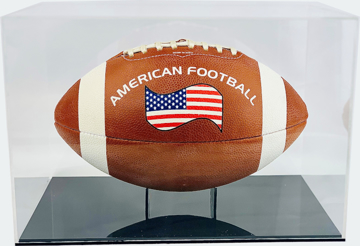 Acrylic American Football Display Case with football on acrylic stand and black base