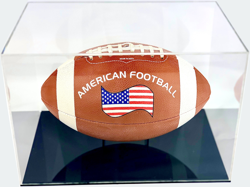 Acrylic American Football Display Case with football on acrylic stand and black base top view