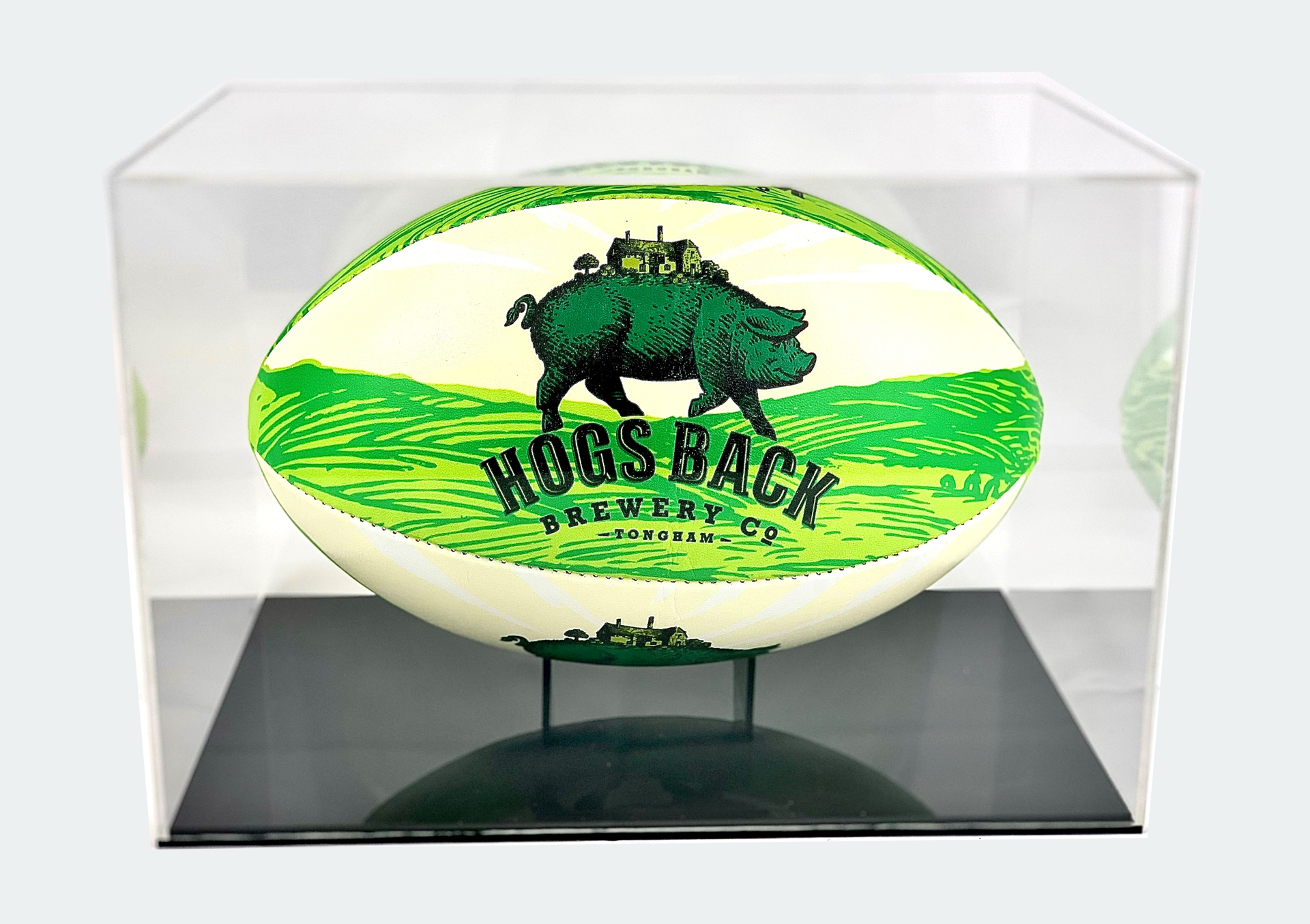 Display case with branded rugby ball