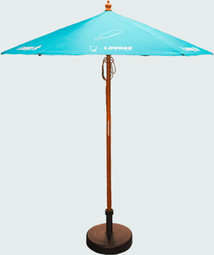 open wooden parasol with blue canopy