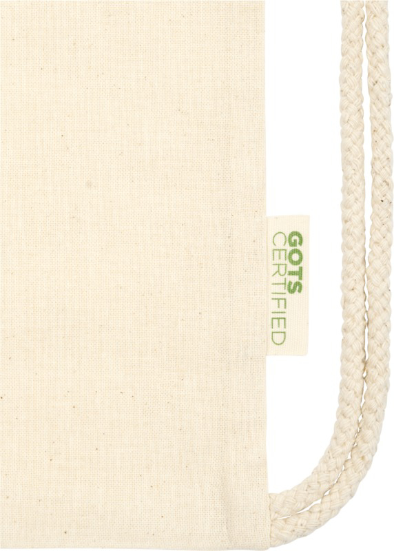 drawstring bag made from organic cotton right label