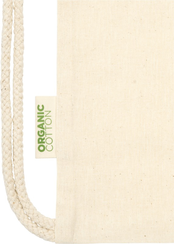 drawstring bag made from organic cotton left label