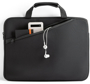 Black laptop carry case.  Image with gadgets in pocket
