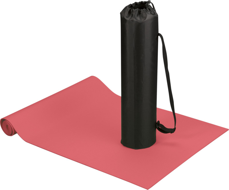 red rolled-up yoga mat and black carry case