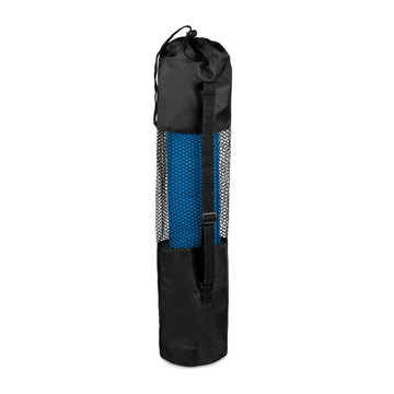 blue yoga mat in a black mesh carry case