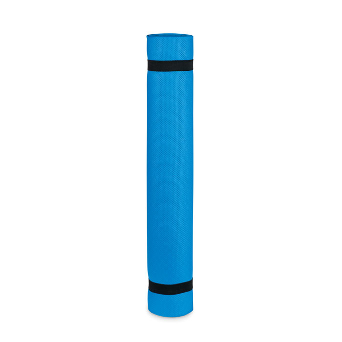 blue yoga mat rolled with a black strap