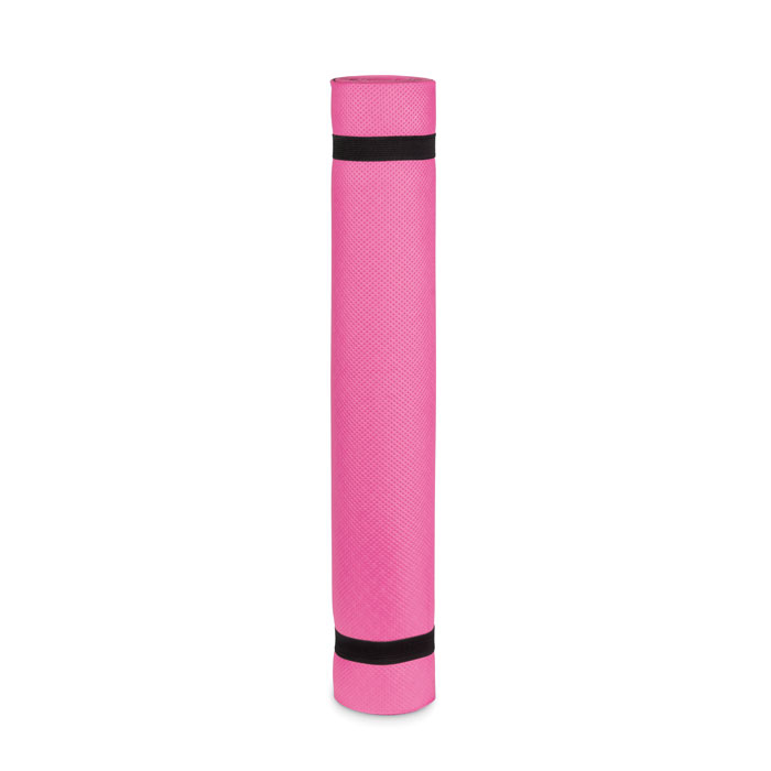 pink yoga mat rolled with a black strap