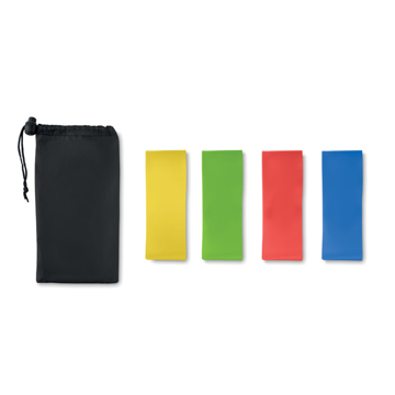Set of 4 x different coloured fitness resistance bands in a black storage pouch