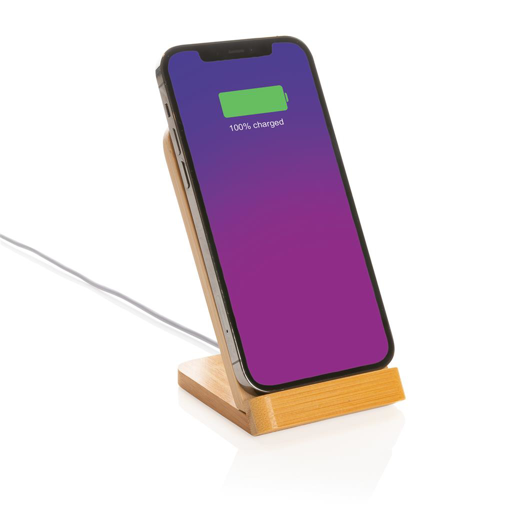 bamboo wireless charger stand showing phone on the stand