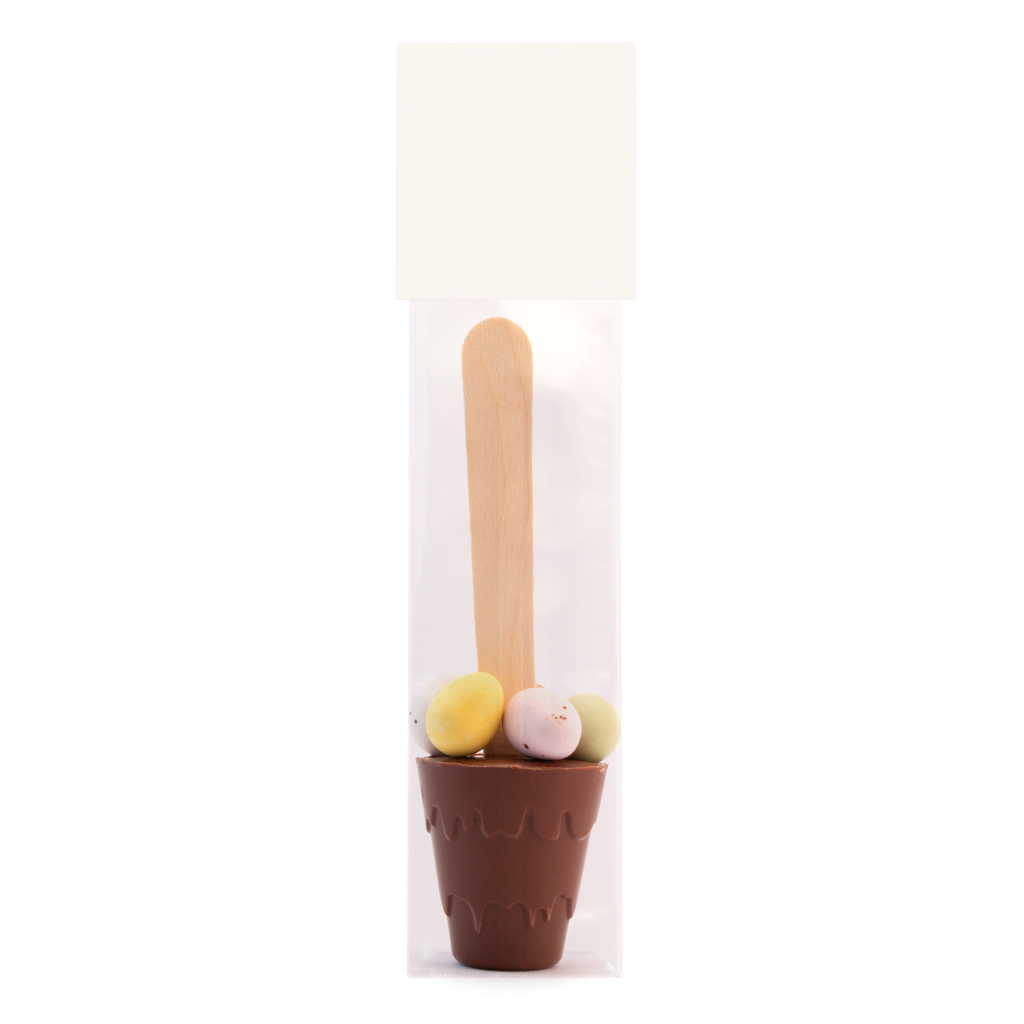 hot chocolate spoon with speckled eggs with a plain top info card