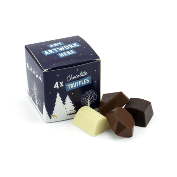 branded eco cube filled with 4 chocolate truffles