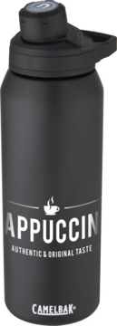 Insulated stainless steel sports bottle showing front logo in solid black