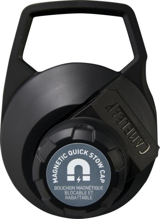 Black magnetic quick stow cap that connects to the Insulated stainless steel sports bottle