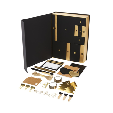 black and gold gift box 12 day advent calendar filled with stationery items