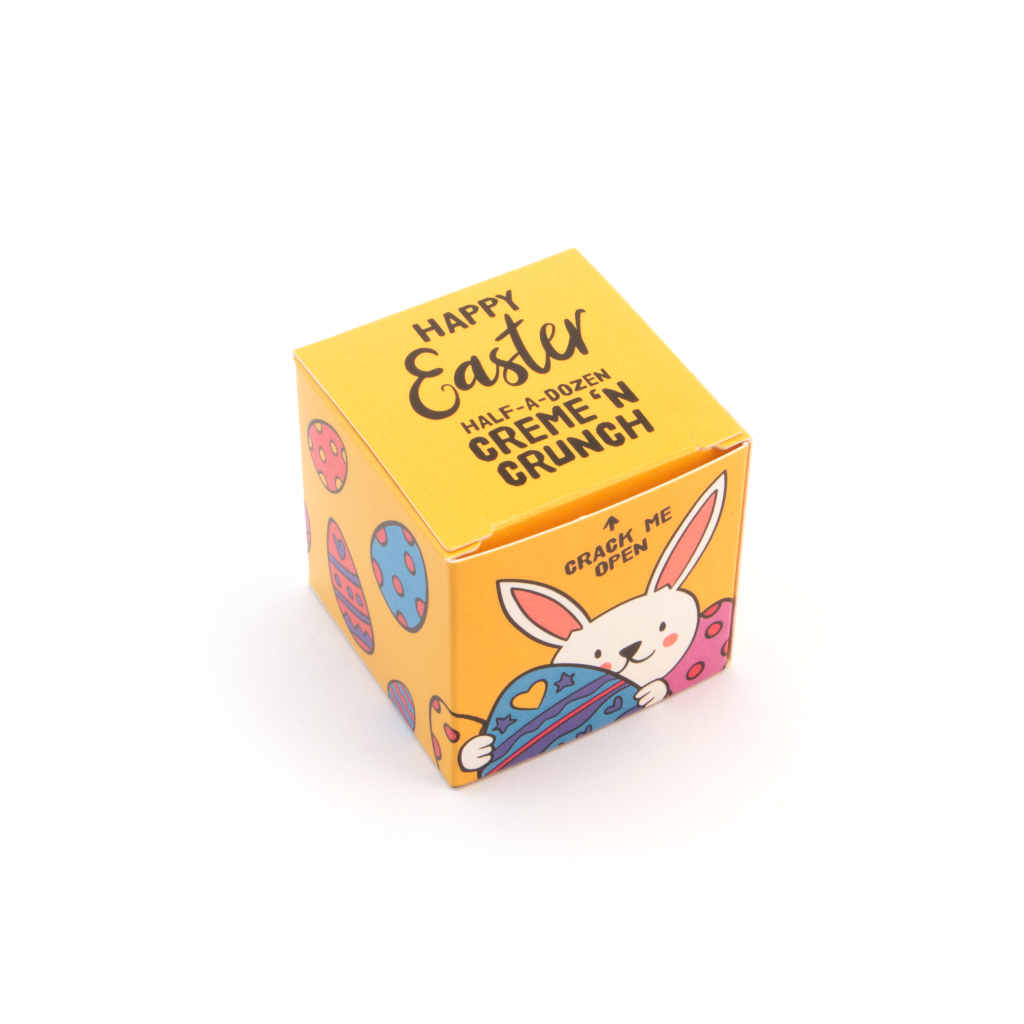 maxi eco cube filled with cream and crunch chocolates with yellow branding