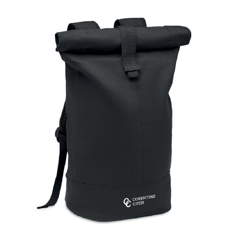 rolltop backpack side view with 1 colour logo