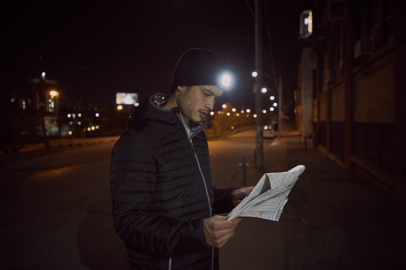 Headtorch beanie with being used