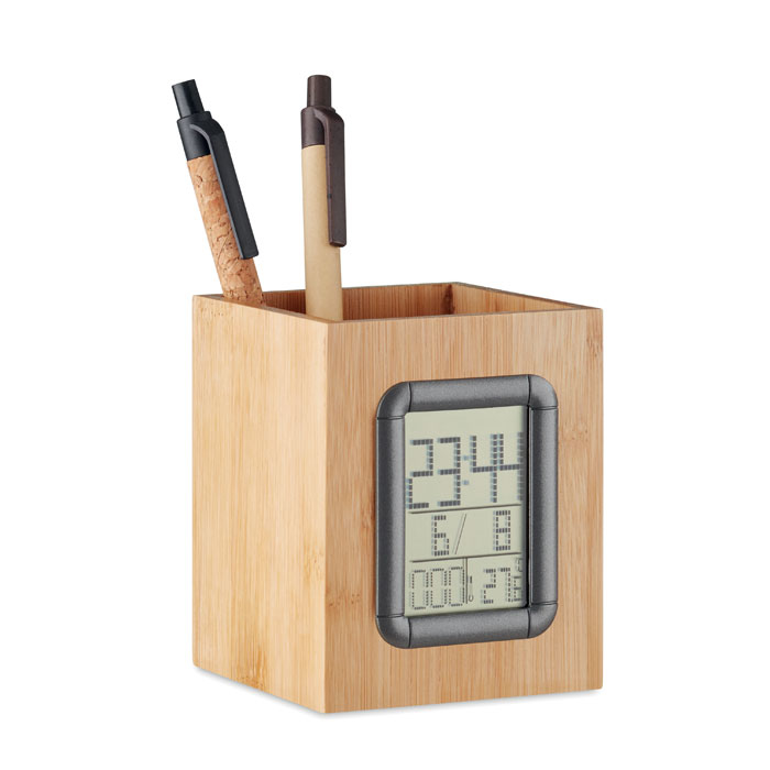 Hard Wooden Pen Pot with Smooth Clock Digital Display