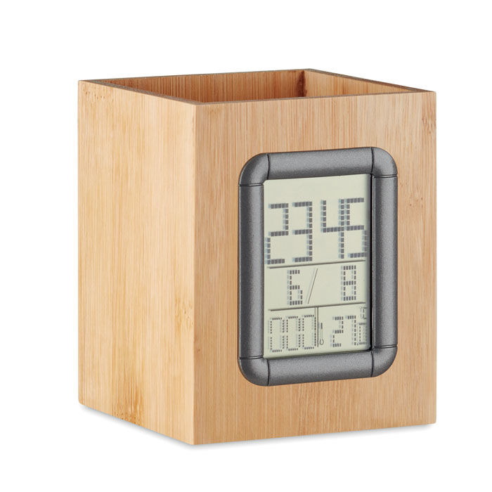 Hard Wooden Pen Pot with Smooth Clock Digital Display