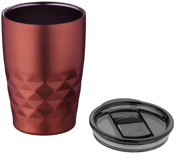 Geometric pattern red coffee tumbler with black lid, smooth top half suitable for branding