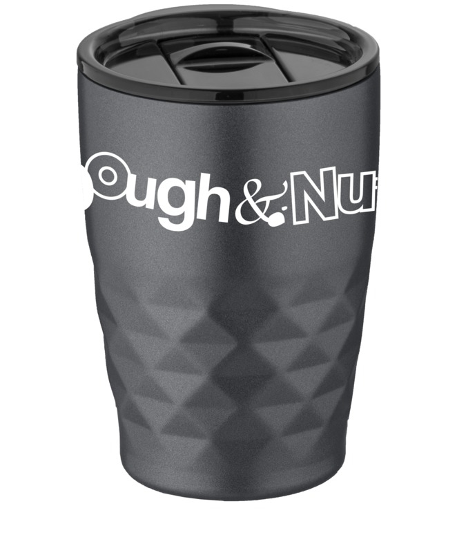 Geometric pattern grey coffee tumbler with black lid, smooth top half suitable for branding