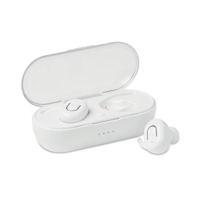 white wireless earphones
