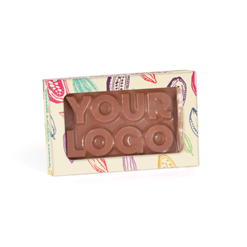 a chocolate bar with 3d effect logo in a full colour branded box with window