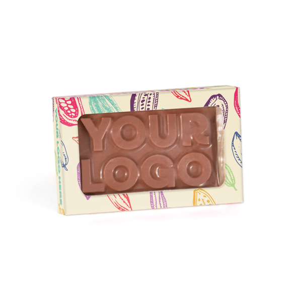 a chocolate bar with 3d effect logo in a full colour branded box with window