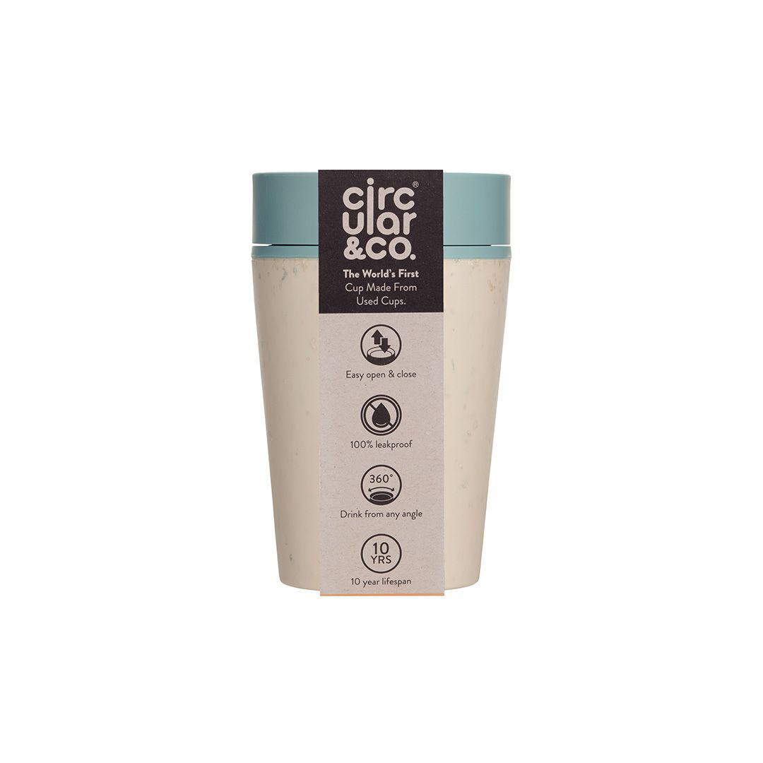 8oz circular co cup with blue lid and retail packaging