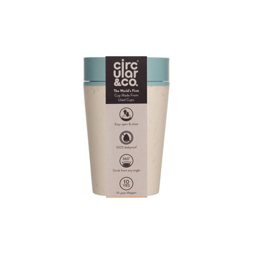 8oz circular co cup with blue lid and retail packaging