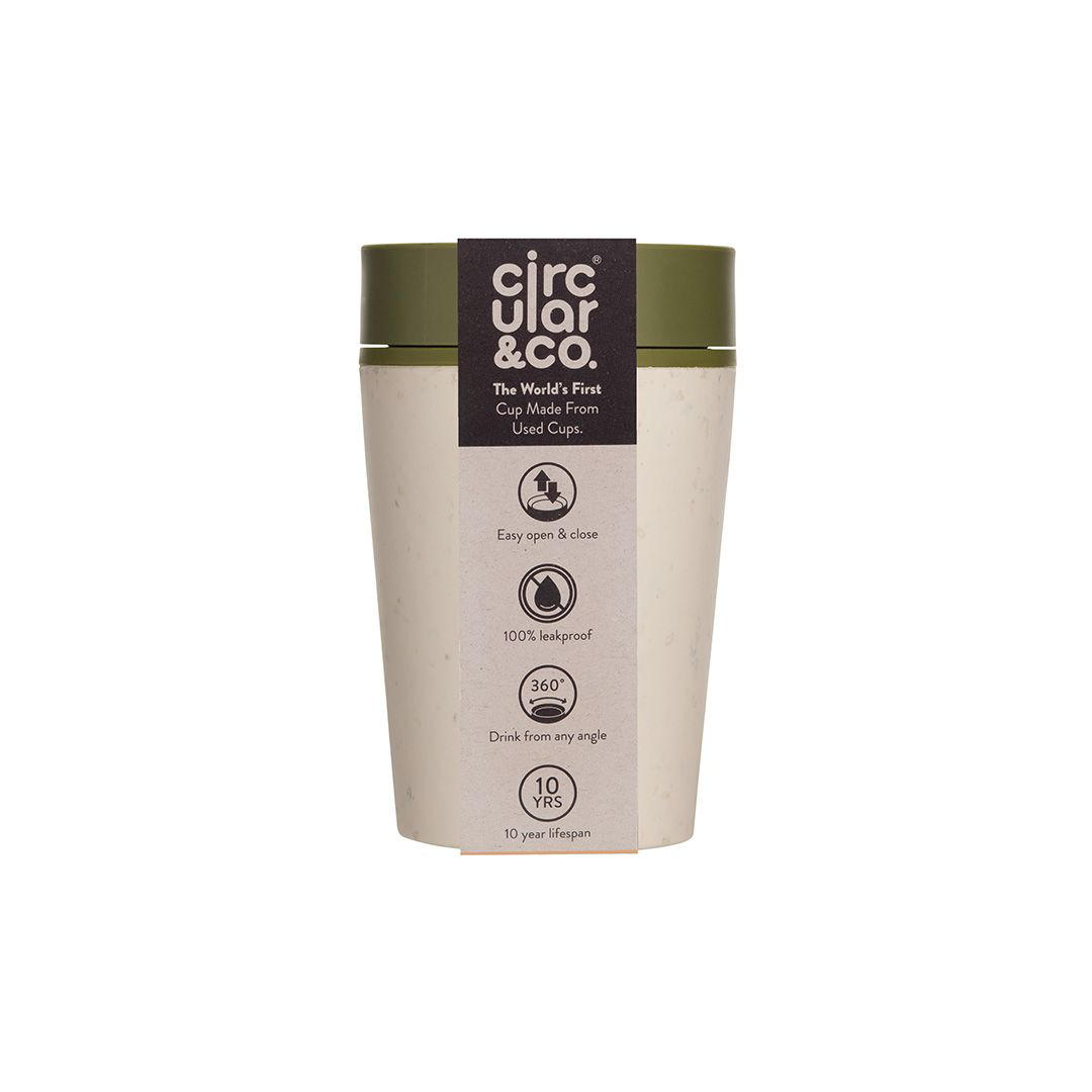 8oz circular co cup with green lid and retail packaging