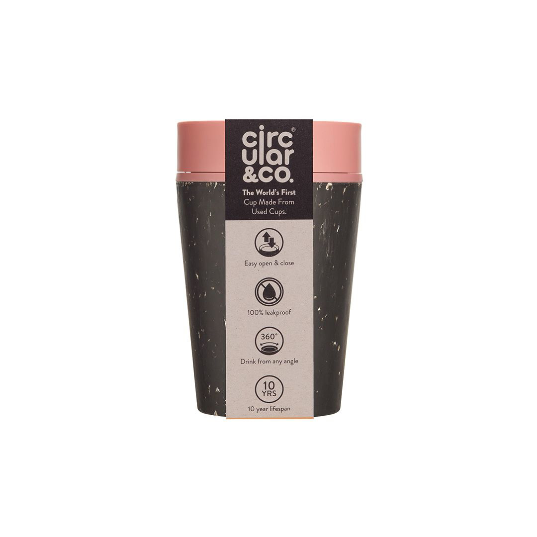 8oz circular co cup with pink lid and retail packaging