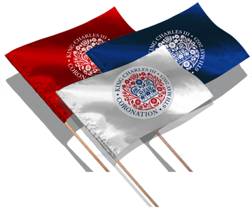 hand held waving flag with coronation branding in a range of colours