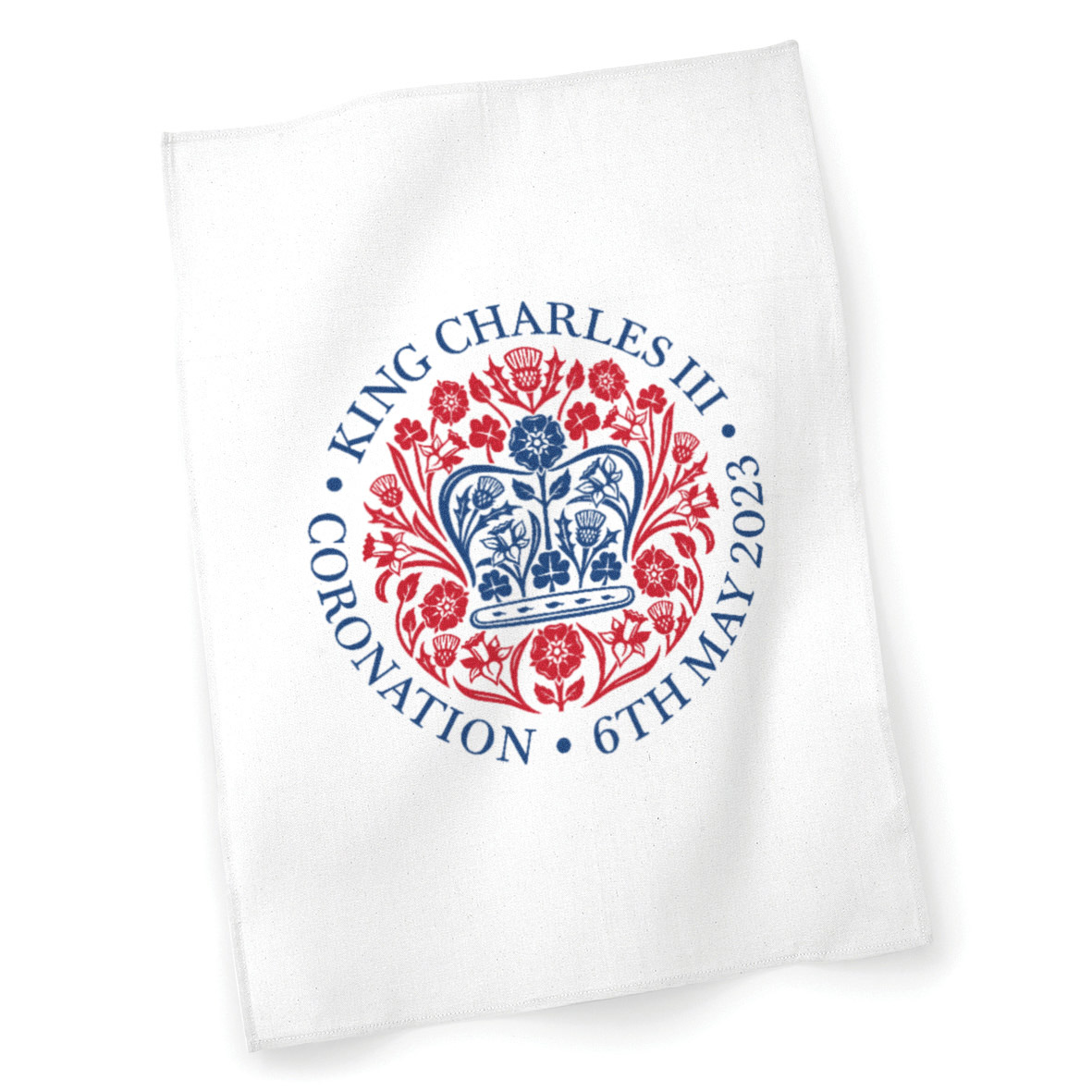 white tea towel with coronation branding