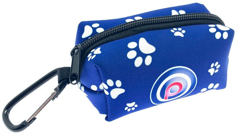 blue neoprene bag dispenser showing opposite side to hole