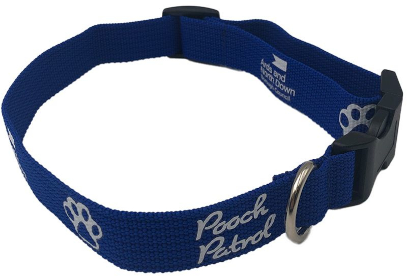 recycled dog collar in blue with white print