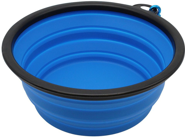 Folding dog bowl blue with black rim