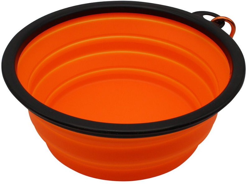 Folding dog bowl orange with black rim
